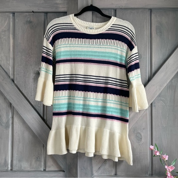 Hayden Los Angeles Bell Sleeve Ruffled hem open knit striped pullover‎ sweater S - Picture 1 of 6